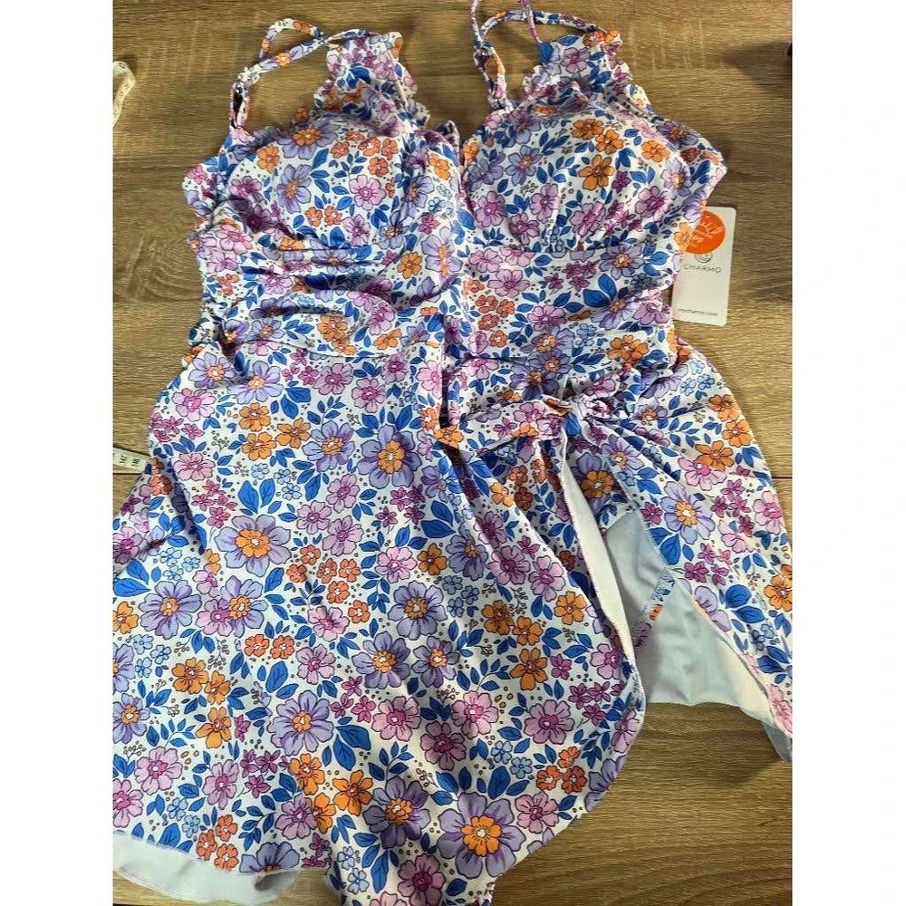 Charmo Womens Floral Wrap One Piece Swimsuit UPF 50+ Purple Orange Blue XL NWT